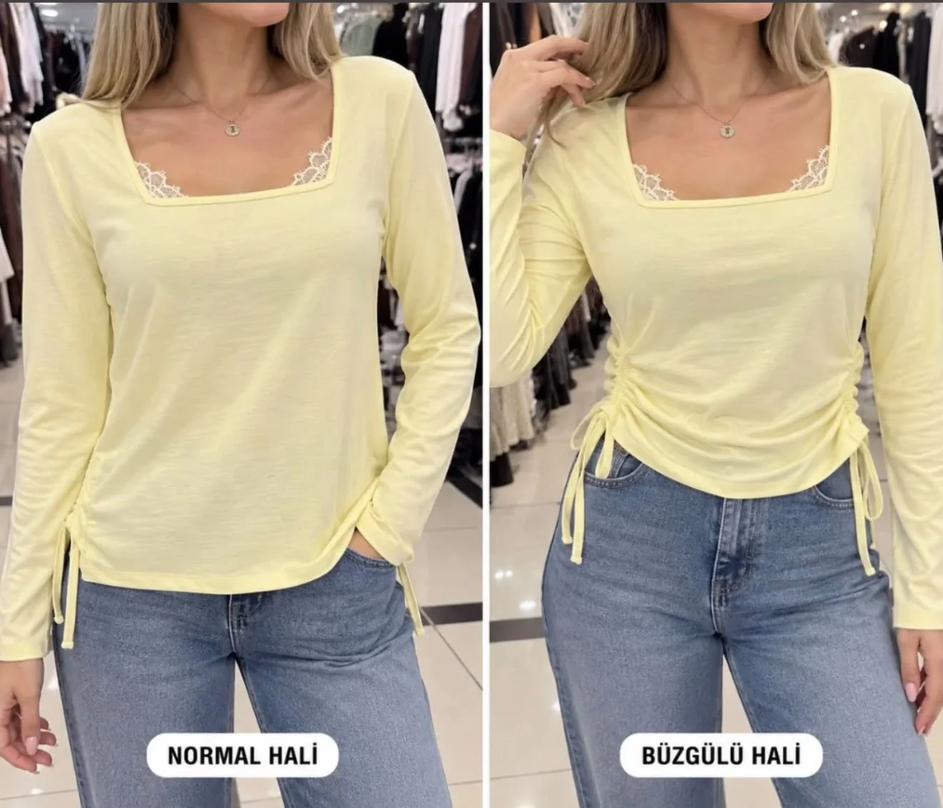 Dantelli Kare Yaka Yan Büzgülü Uzun Kollu Kadın Bluz