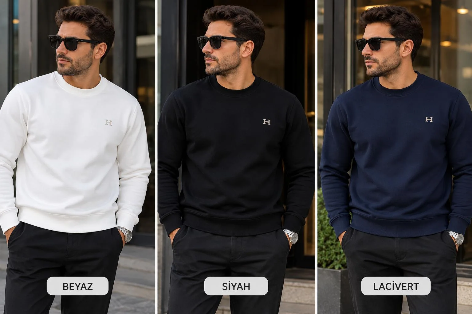 Erkek Siyah Bisiklet Yaka Sweatshirt