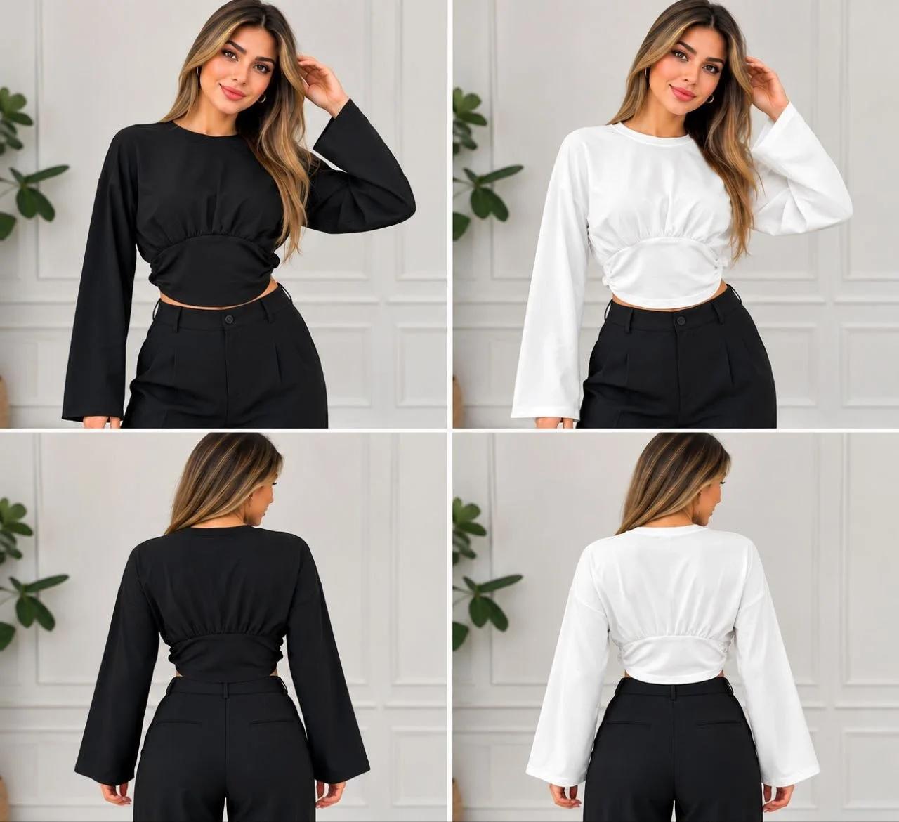 Kadın Bel Büzgülü Uzun Kollu Crop Bluz