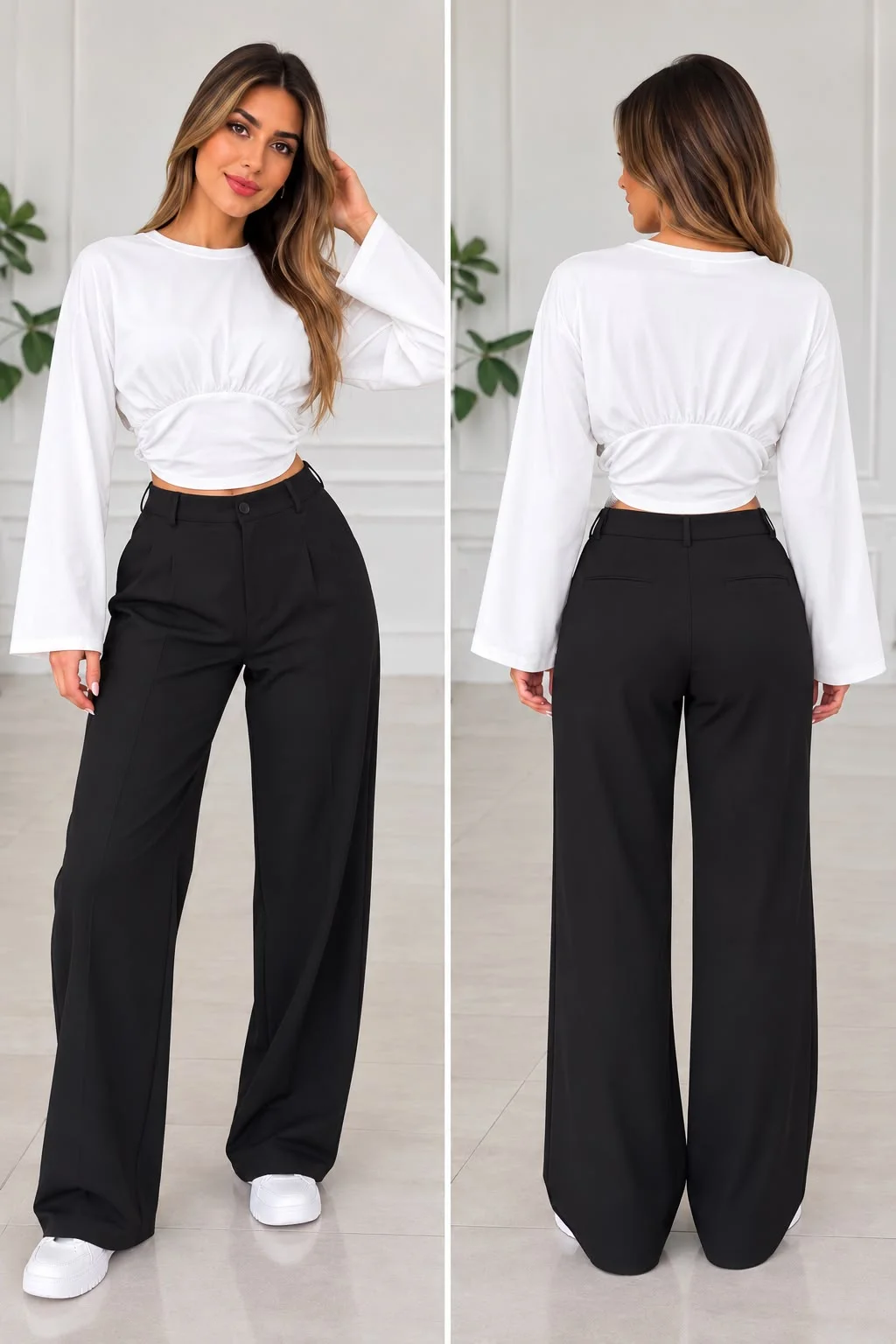 Kadın Bel Büzgülü Uzun Kollu Crop Bluz