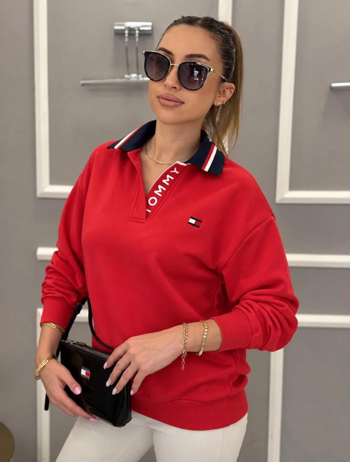 Kadın Polo Yaka Uzun Kollu Sweatshirt – Lacivert, Kırmızı, Beyaz, Siyah