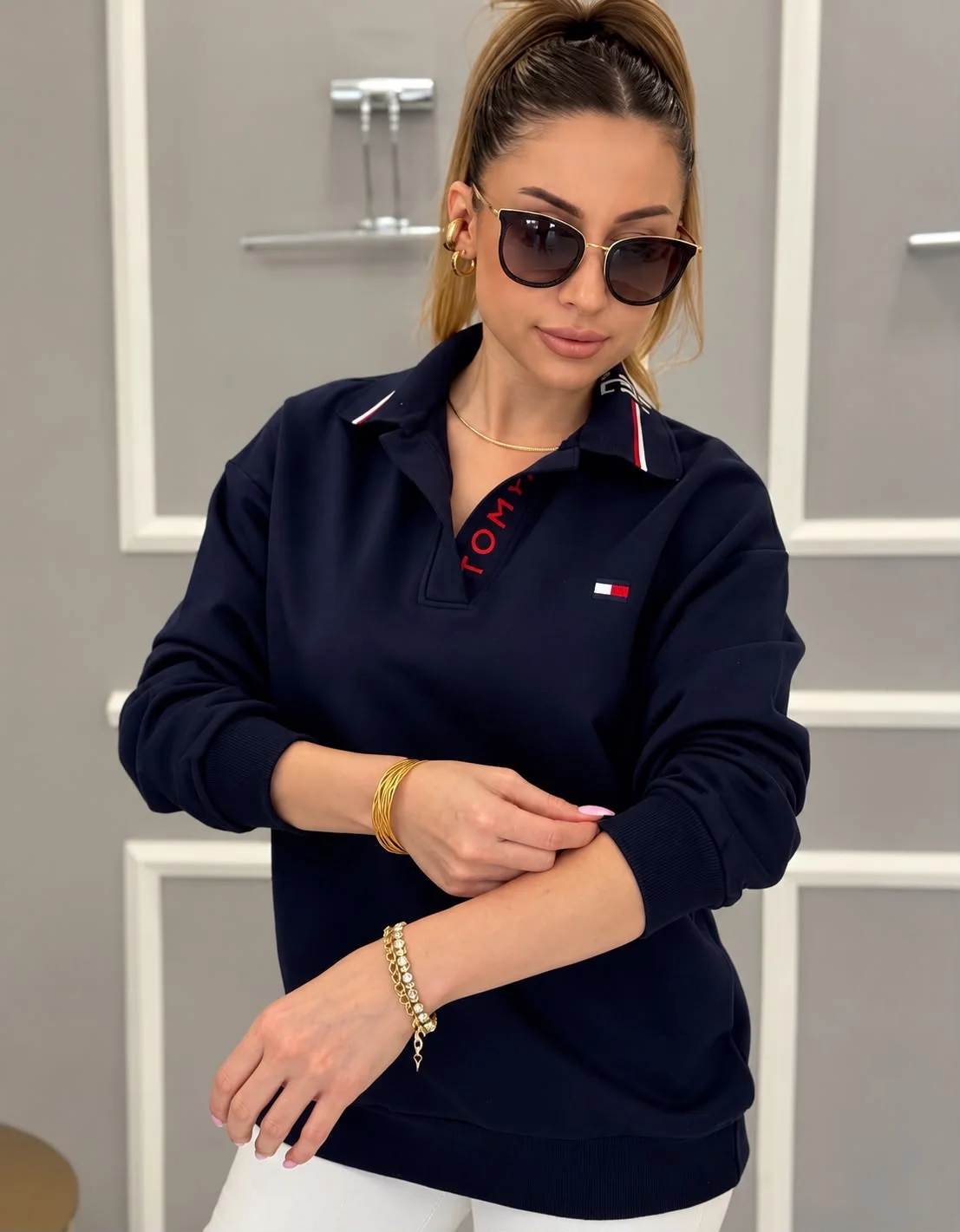 Kadın Polo Yaka Uzun Kollu Sweatshirt – Lacivert, Kırmızı, Beyaz, Siyah