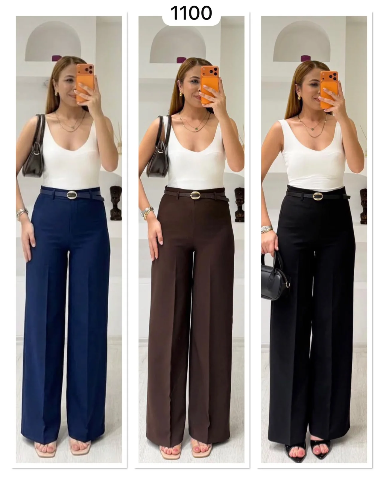 Kadın Yüksek Bel Kemer Detaylı Geniş Paça Pantolon
