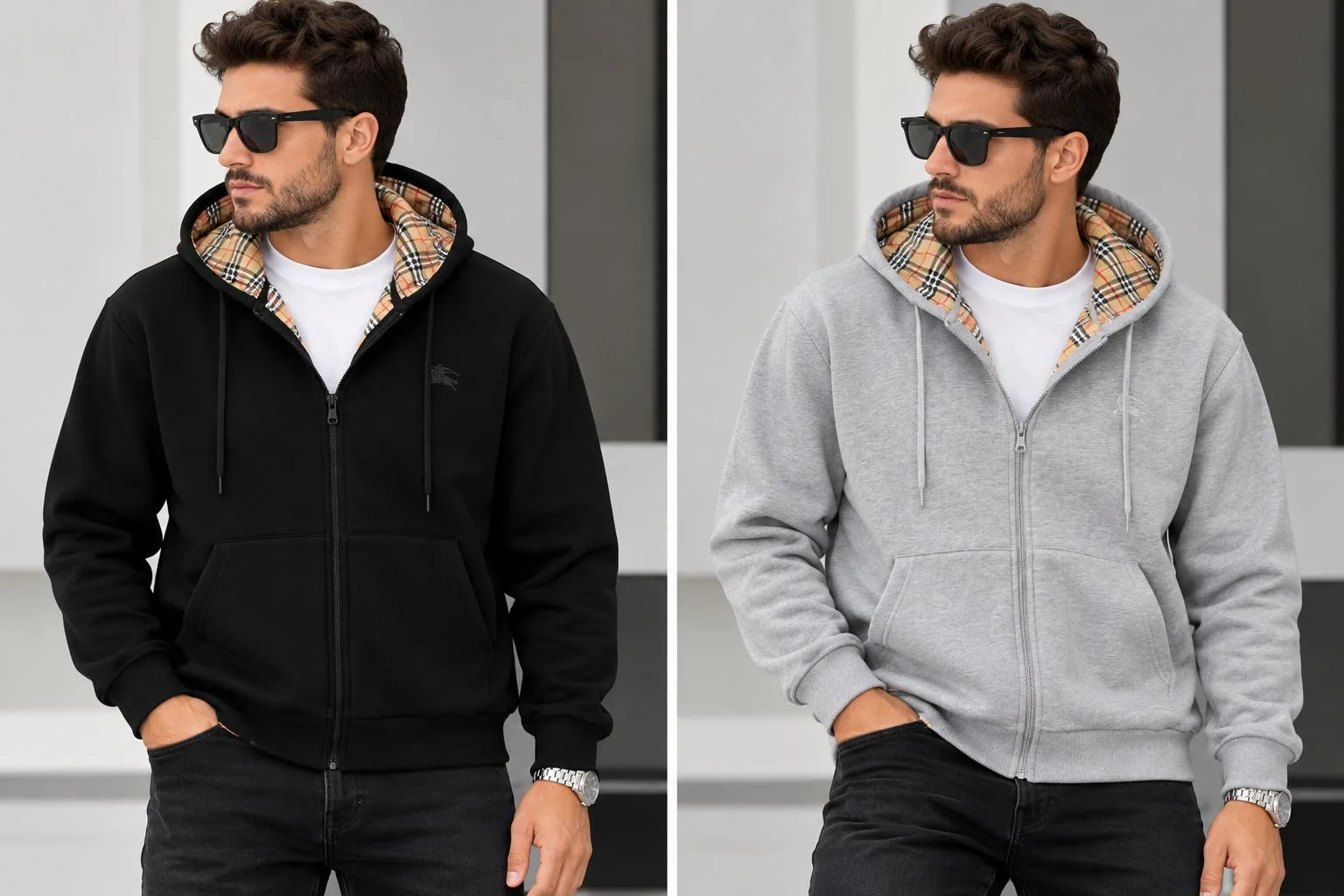 Erkek Kapüşonlu Fermuarlı Sweatshirt-Ekose Detaylı