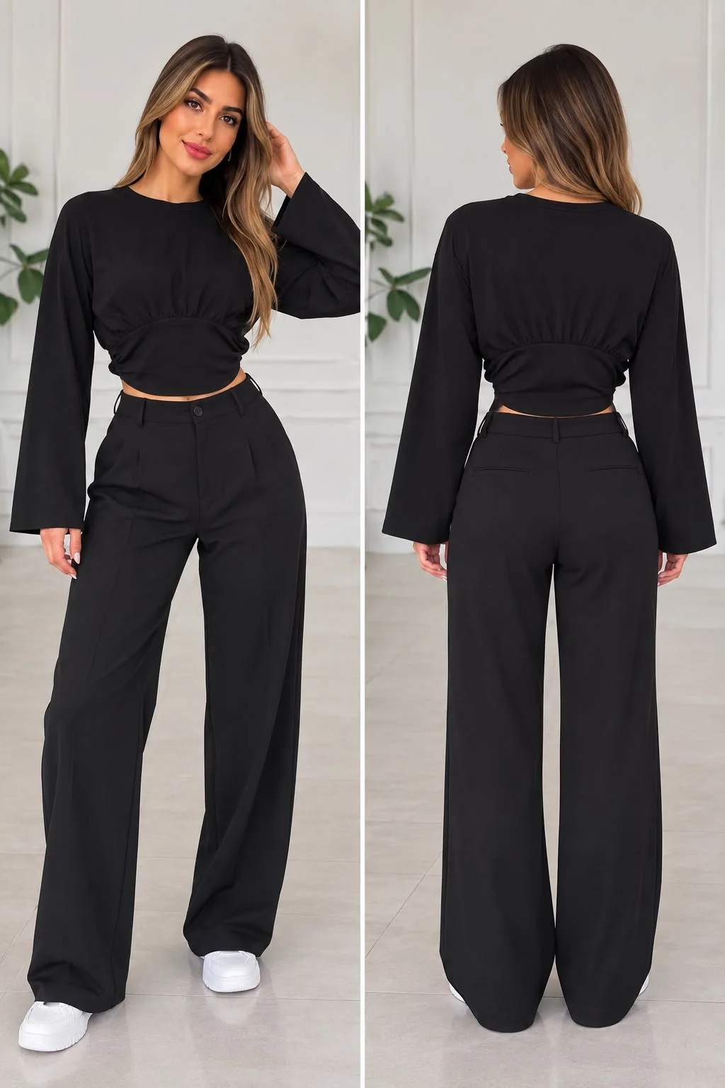 Kadın Bel Büzgülü Uzun Kollu Crop Bluz