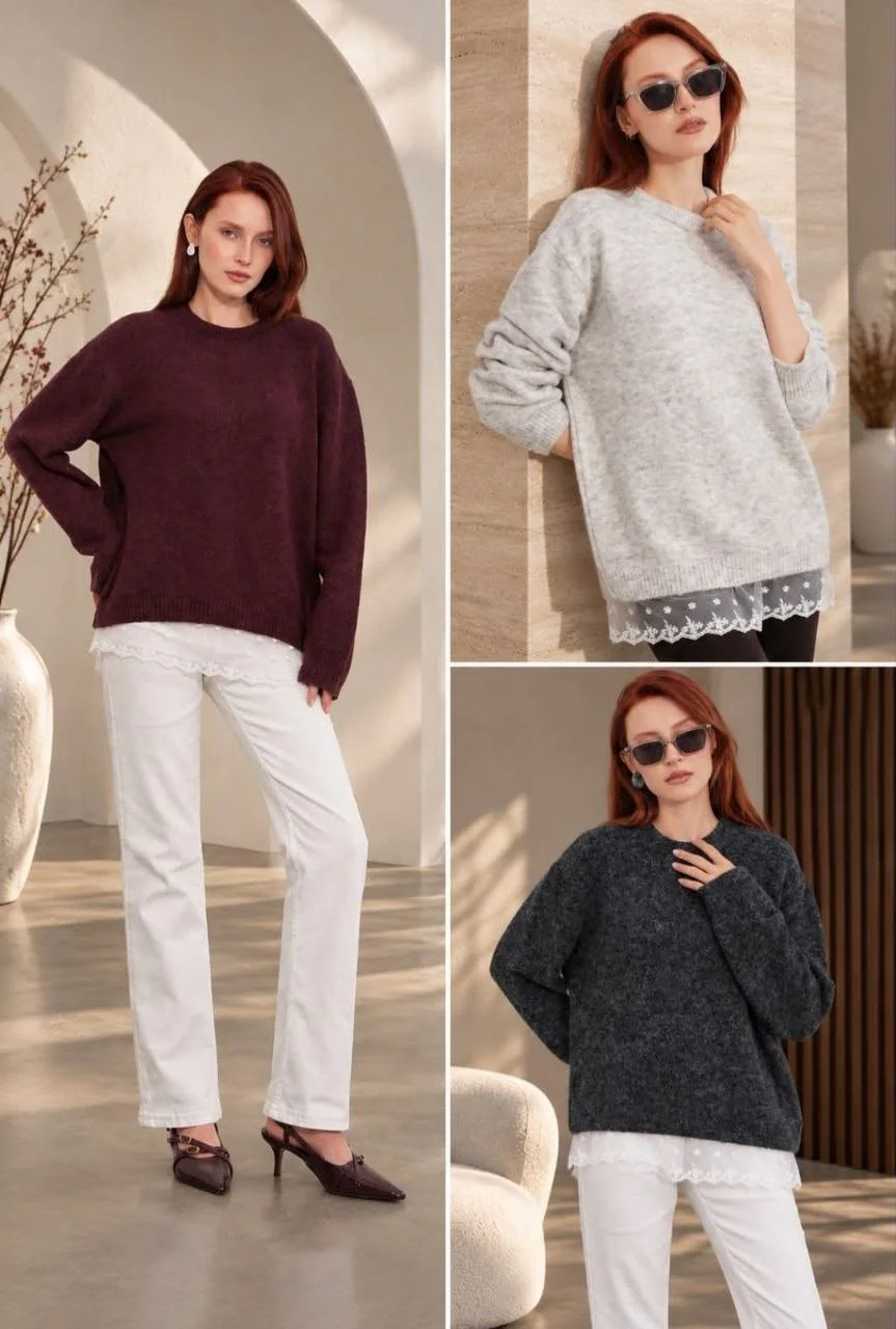 Kadın Bisiklet Yaka Oversize Triko Kazak – Dantel Detaylı Görünüm