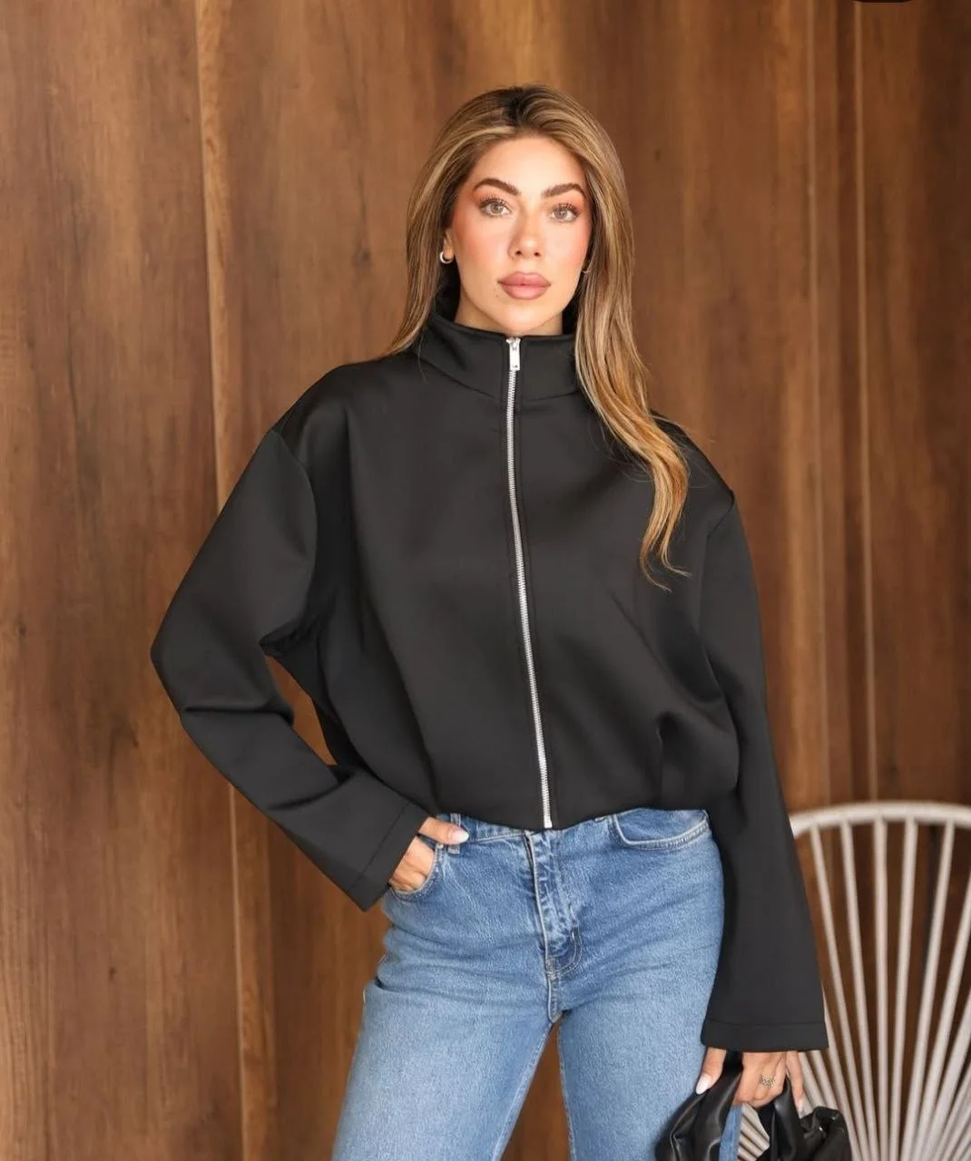 Kadın Siyah Dik Yaka Fermuarlı Oversize Ceket