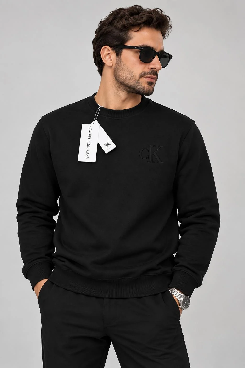 Erkek Siyah Bisiklet Yaka Sweatshirt