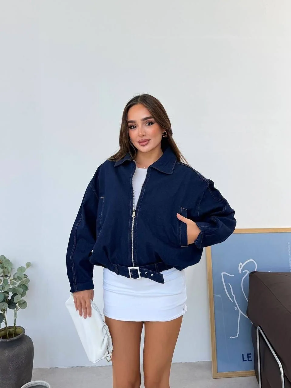 Kadın Lacivert Fermuarlı Kemer Detaylı Oversize Kot Ceket