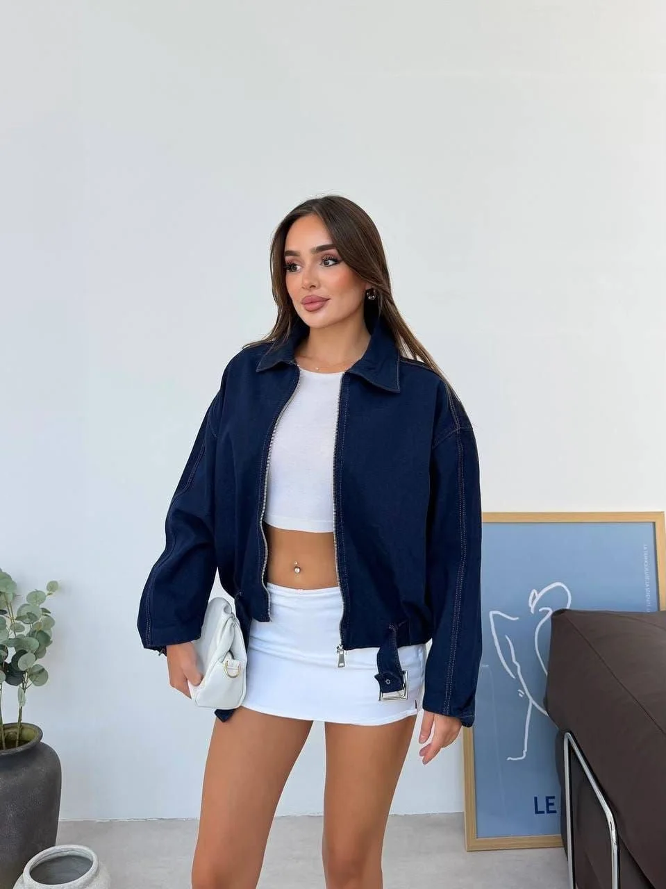Kadın Lacivert Fermuarlı Kemer Detaylı Oversize Kot Ceket