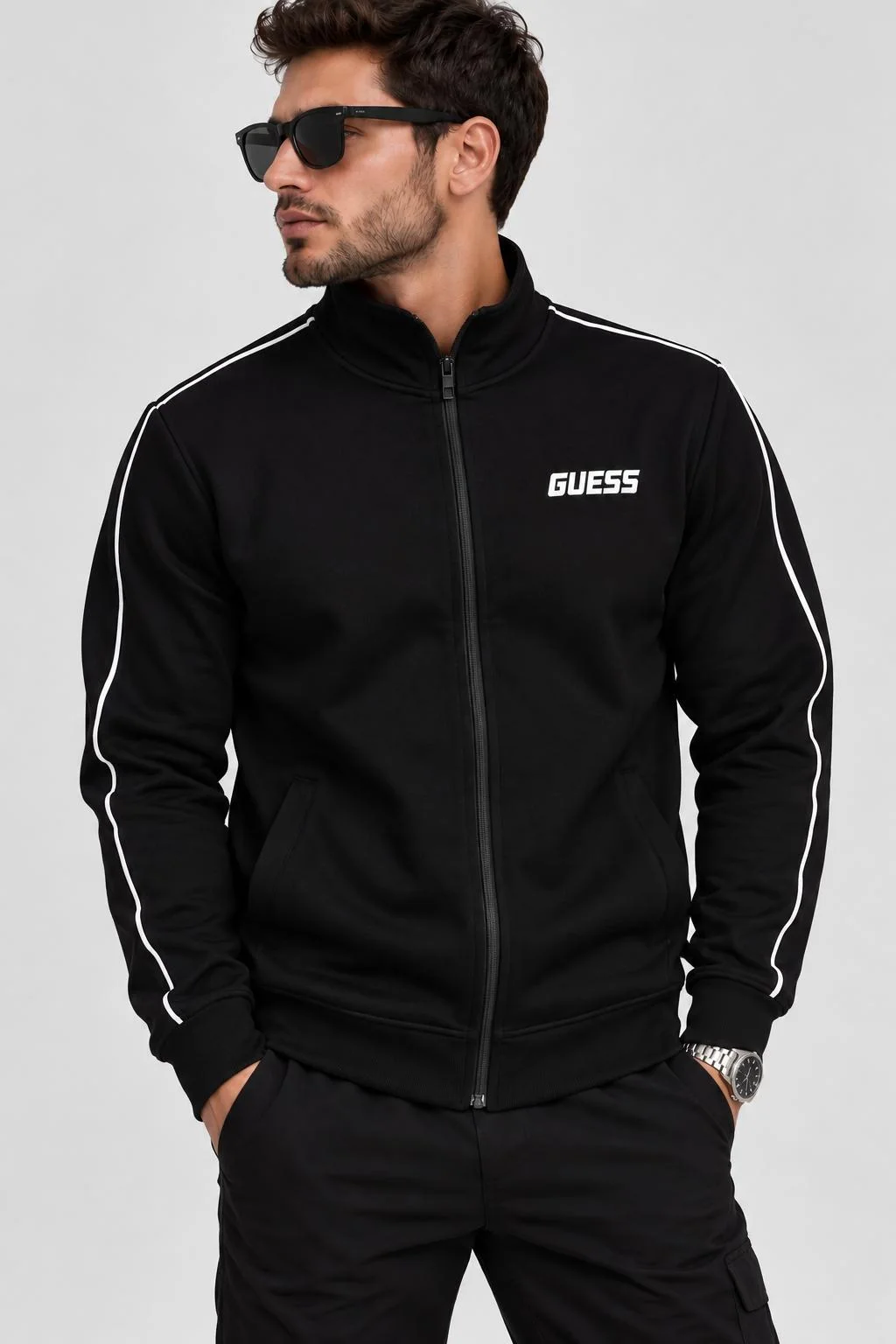 Erkek Dik Yaka Siyah Fermuarlı Sweatshirt-Şerit Detaylı