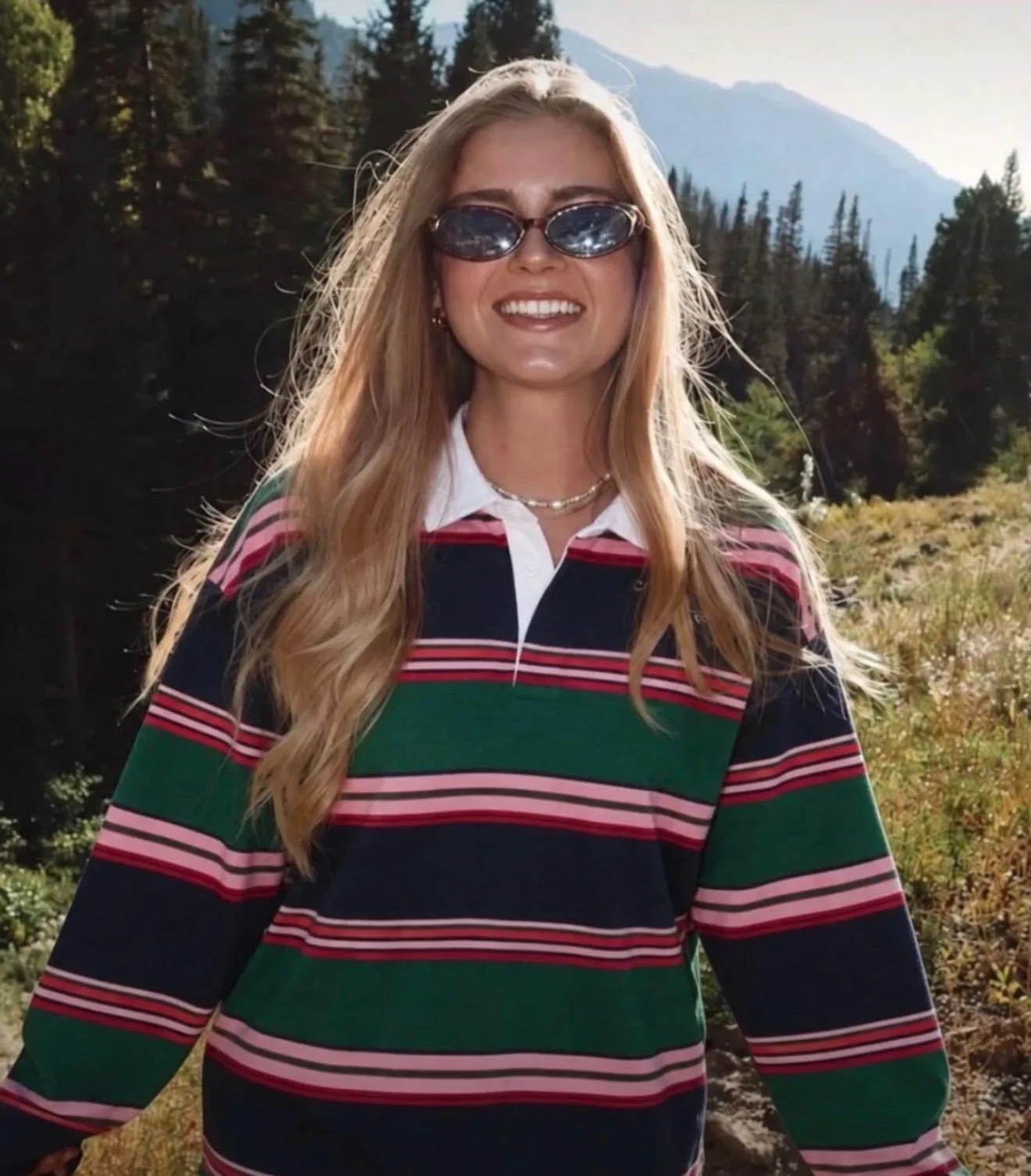 Kadın Çizgili Polo Yaka Uzun Kollu Sweatshirt – Yeşil Lacivert