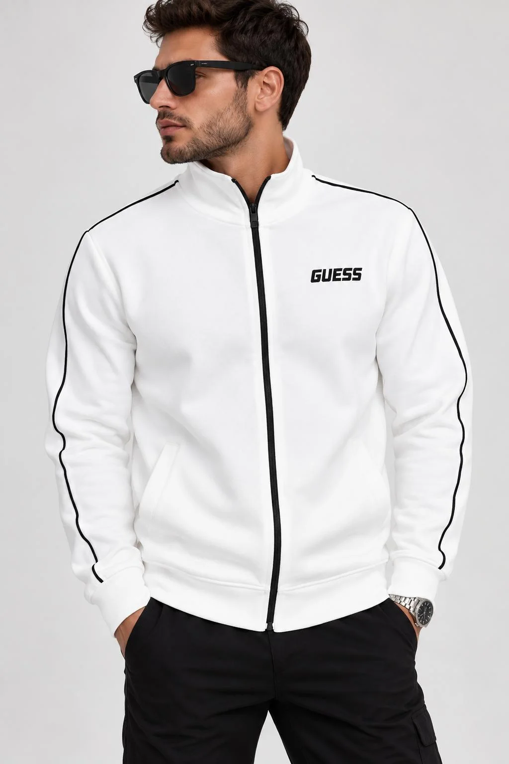 Erkek Dik Yaka Beyaz Fermuarlı Sweatshirt-Şerit Detaylı