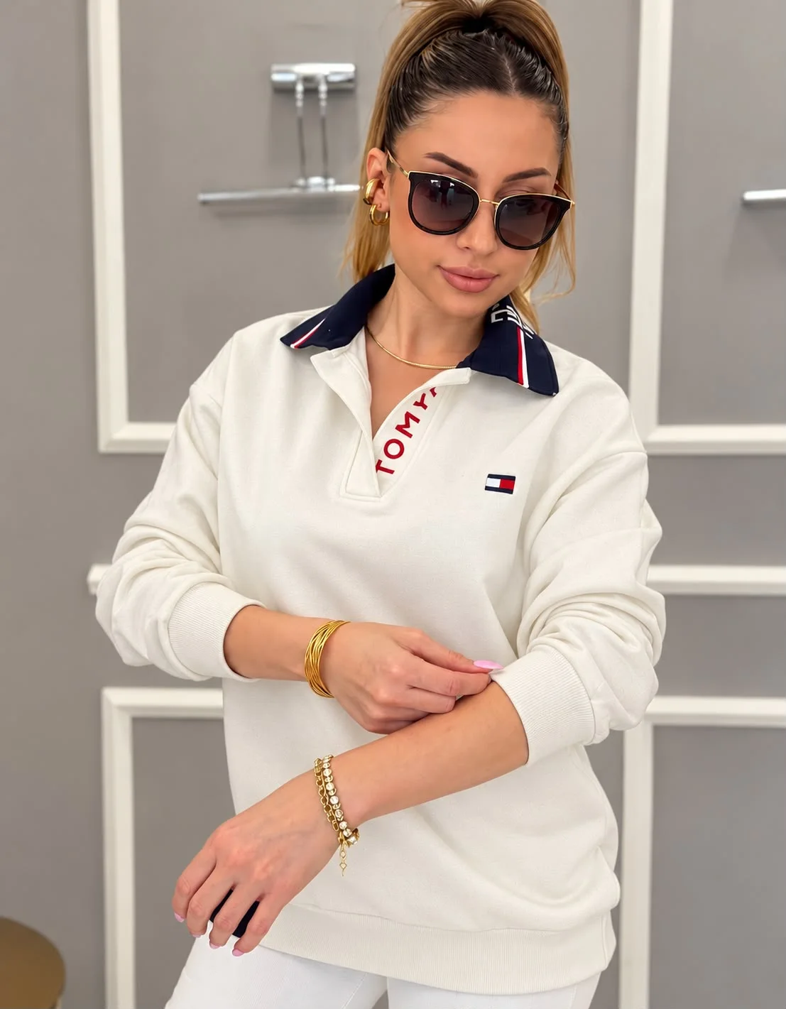 Kadın Polo Yaka Uzun Kollu Sweatshirt – Lacivert, Kırmızı, Beyaz, Siyah