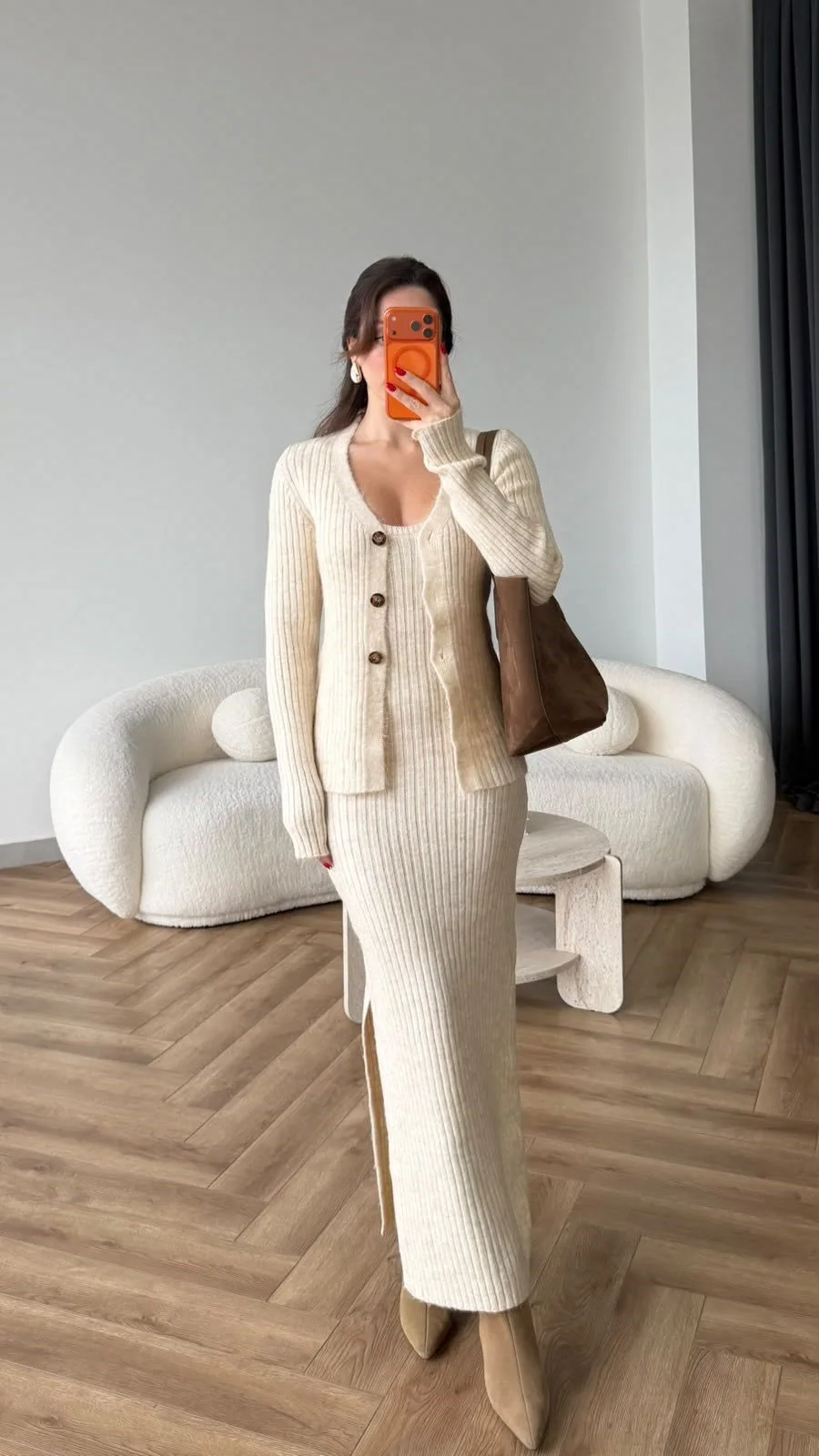 Kadın Fitilli Triko Etek Hırka Takım | Ceybutik