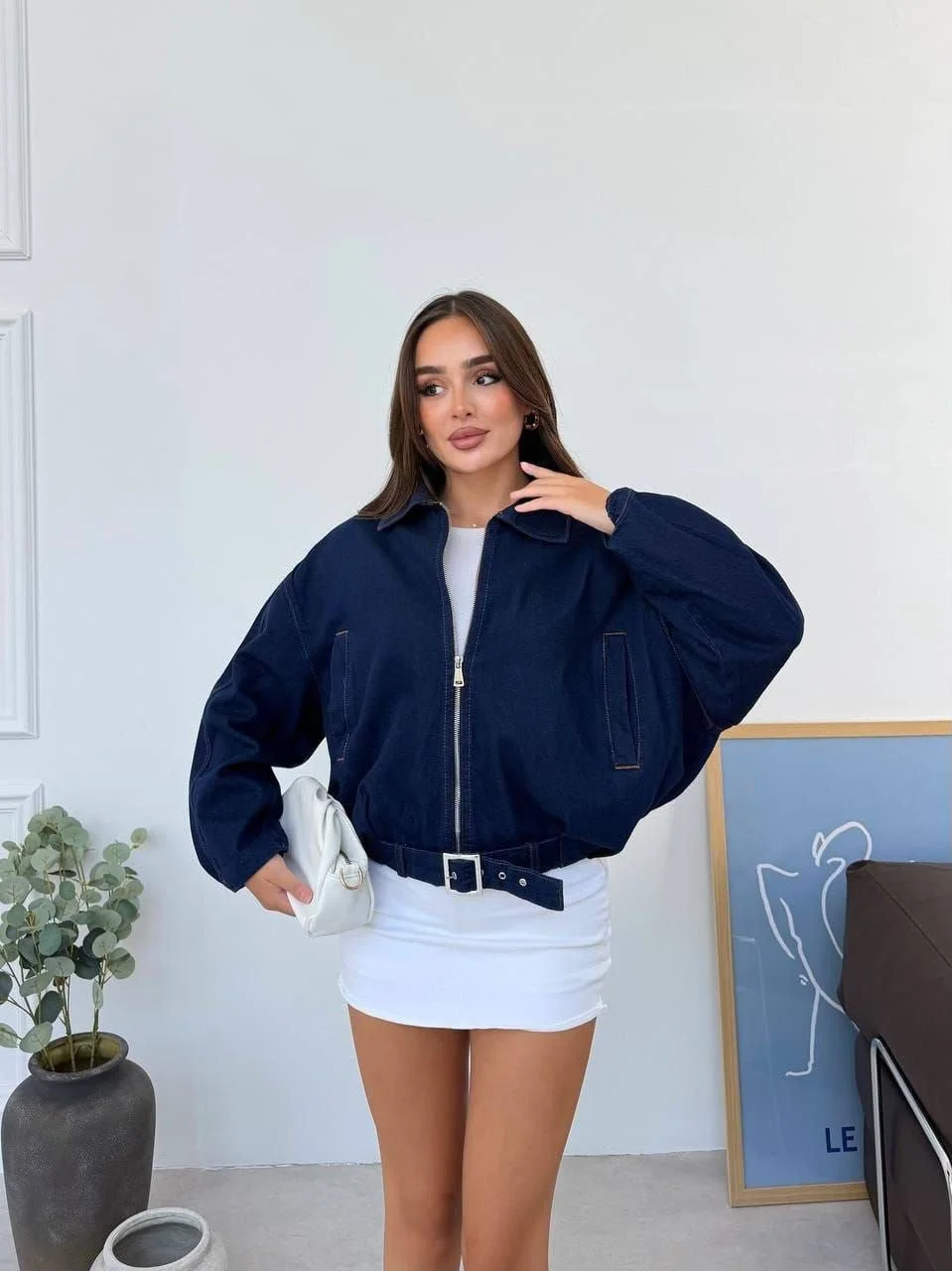 Kadın Lacivert Fermuarlı Kemer Detaylı Oversize Kot Ceket
