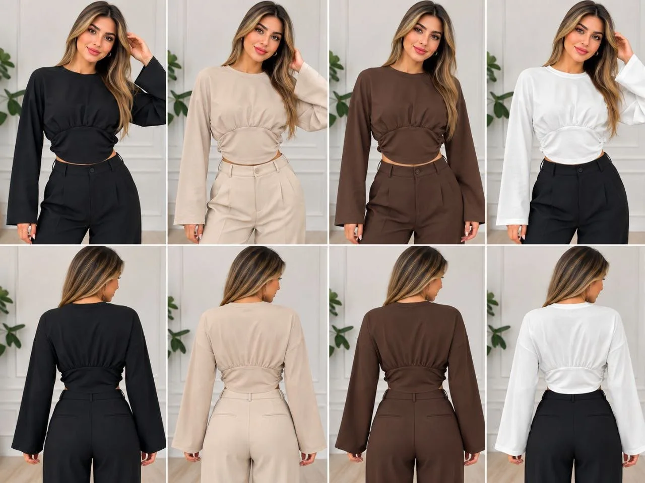 Kadın Bel Büzgülü Uzun Kollu Crop Bluz