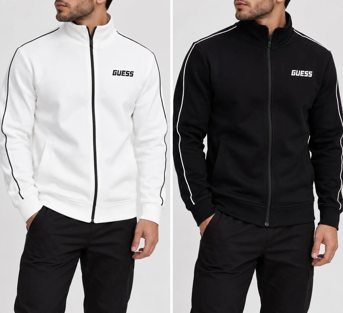 Erkek Dik Yaka Siyah Fermuarlı Sweatshirt-Şerit Detaylı