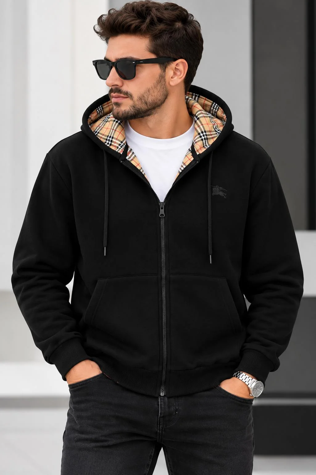 Erkek Kapüşonlu Fermuarlı Sweatshirt-Ekose Detaylı