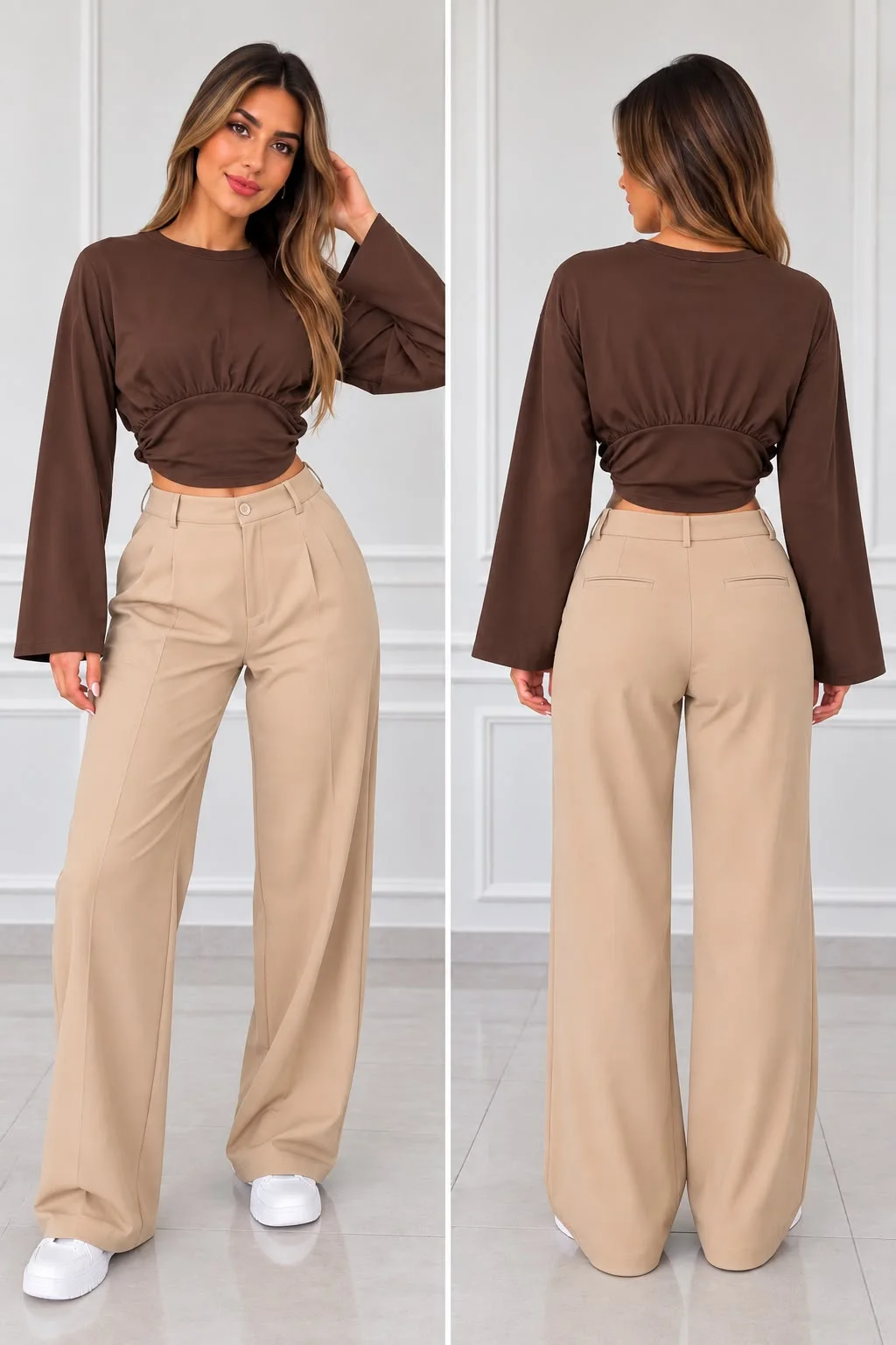 Kadın Bel Büzgülü Uzun Kollu Crop Bluz