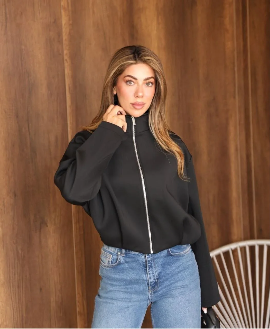 Kadın Siyah Dik Yaka Fermuarlı Oversize Ceket