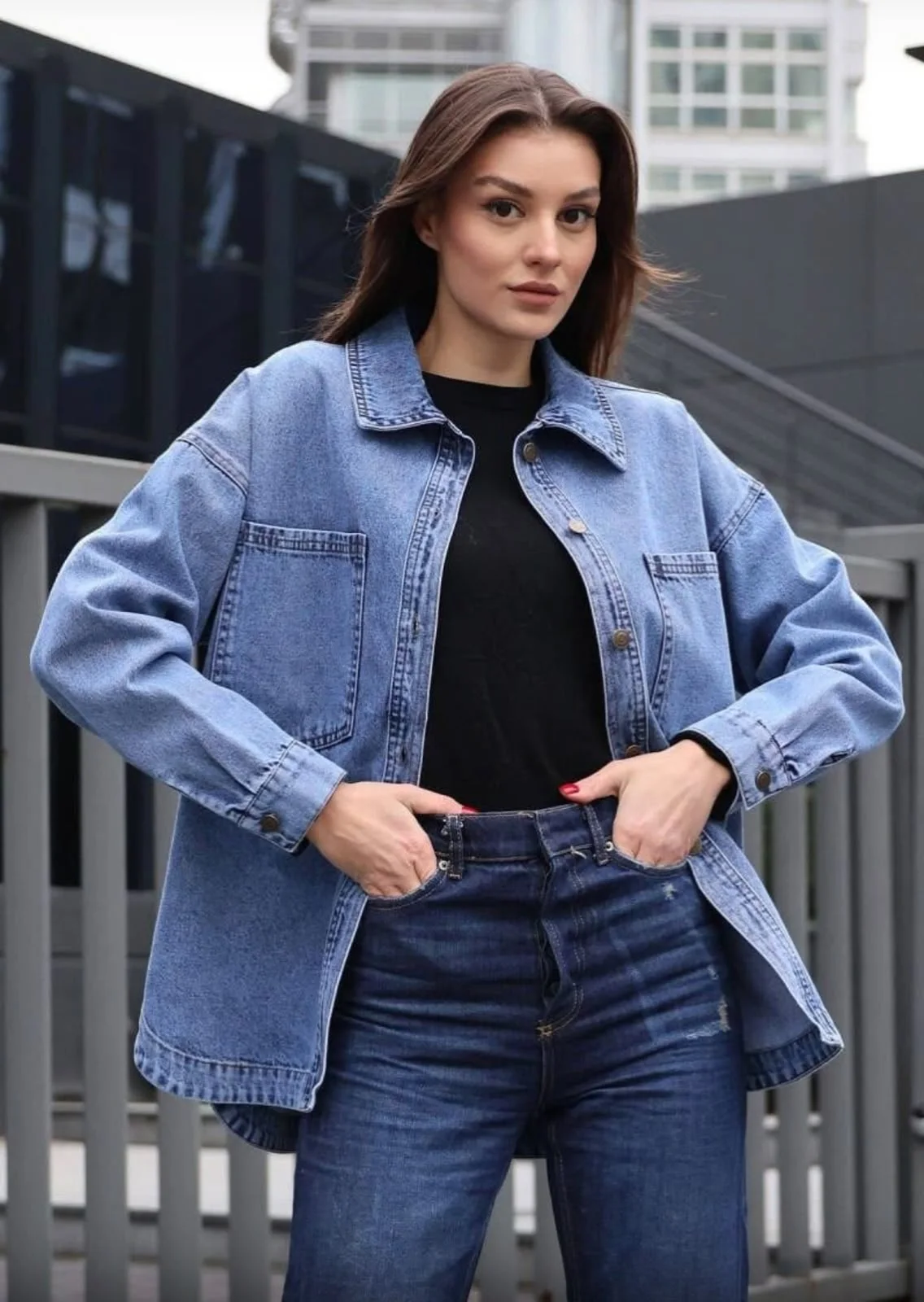 Kadın Oversize Cepli Mavi Kot Ceket