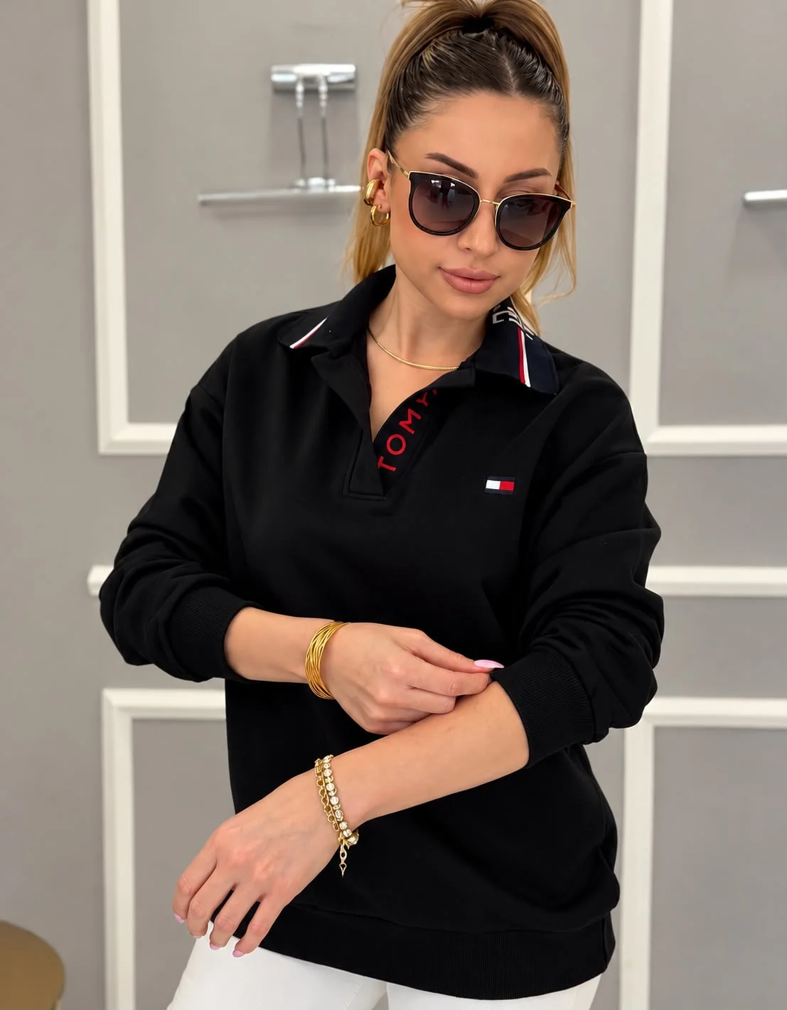 Kadın Polo Yaka Uzun Kollu Sweatshirt – Lacivert, Kırmızı, Beyaz, Siyah